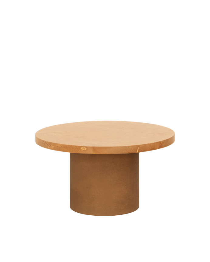 Deco Wood Mesa De Centro Redonda De Madera Maciza Tono Roble Medio Y Pata De Microcemento Tono Terracota De 60x33cm