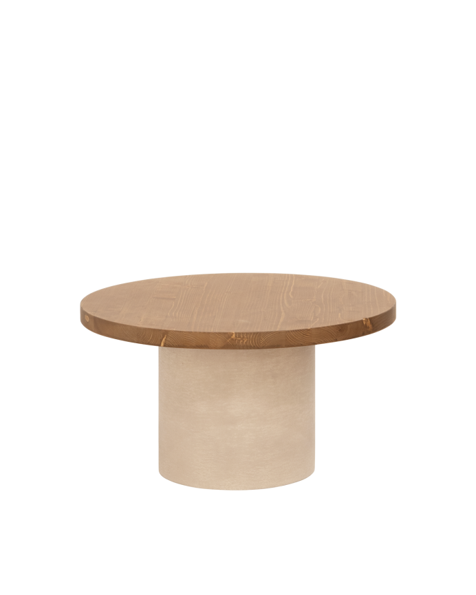 Deco Wood Mesa De Centro Redonda De Madera Maciza Tono Roble Oscuro Y Pata De Microcemento Tono Tierra De 60x33cm