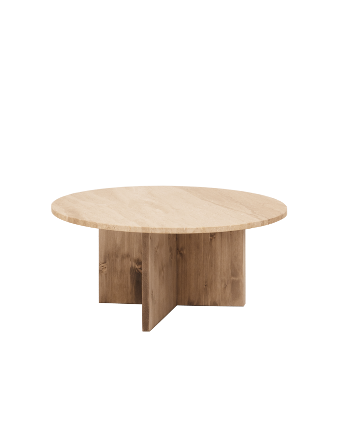 Deco Wood Mesa De Centro Redonda De Mármol Daino Reale Y Patas De Madera Maciza De Ø60cm