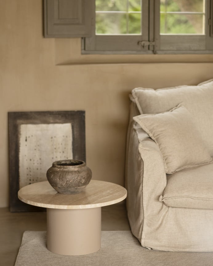 Deco Wood Mesa De Centro Redonda De Mármol Travertino Y Patas De Microcemento Tono Beige De 60x32cm