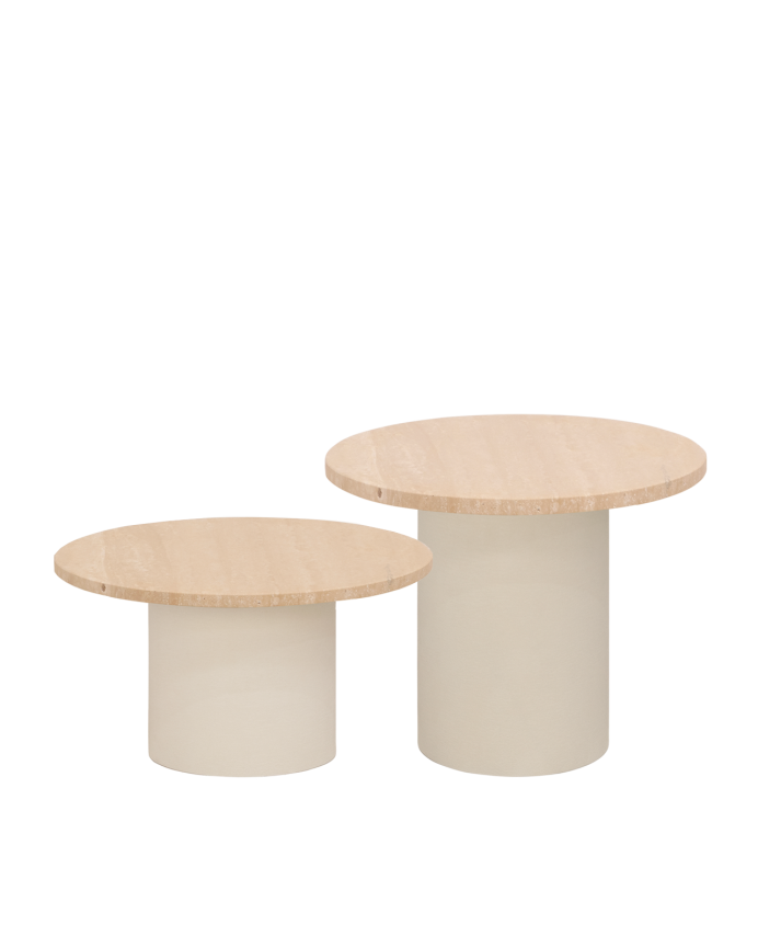 Deco Wood Mesa De Centro Redonda De Mármol Travertino Y Patas De Microcemento Tono Beige De 60x32cm