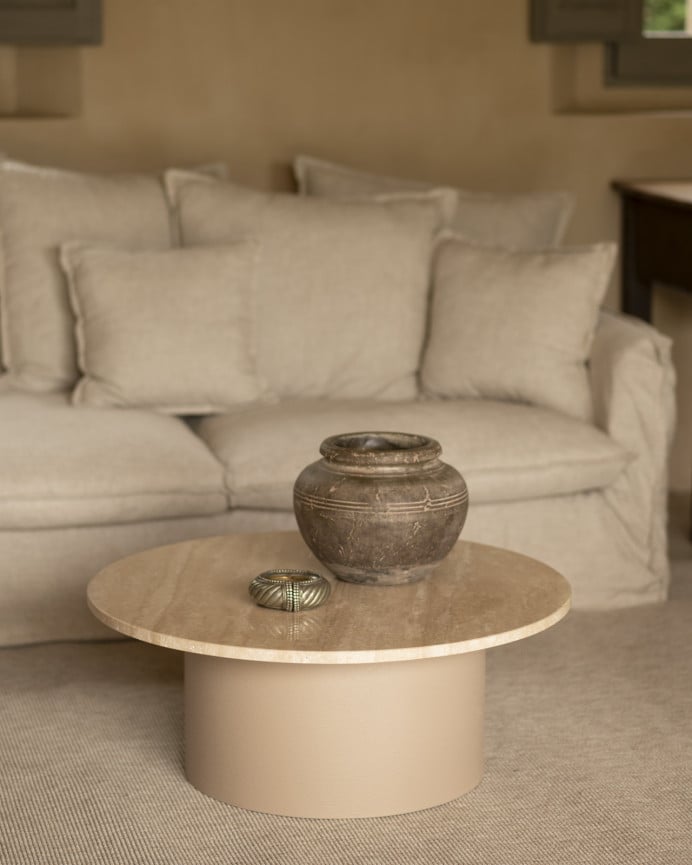 Deco Wood Mesa De Centro Redonda De Mármol Travertino Y Patas De Microcemento Tono Beige De 80x32cm