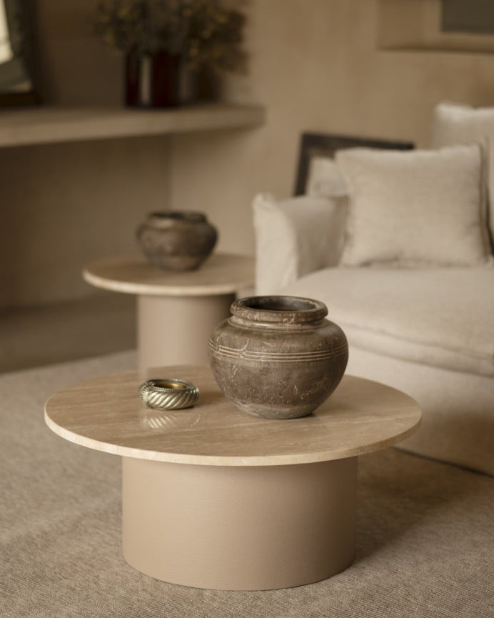 Deco Wood Mesa De Centro Redonda De Mármol Travertino Y Patas De Microcemento Tono Beige De 80x32cm