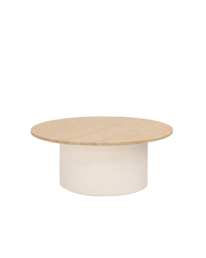 Deco wood Mesa de centro redonda de mármol travertino y patas de microcemento tono beige de 80x32cm