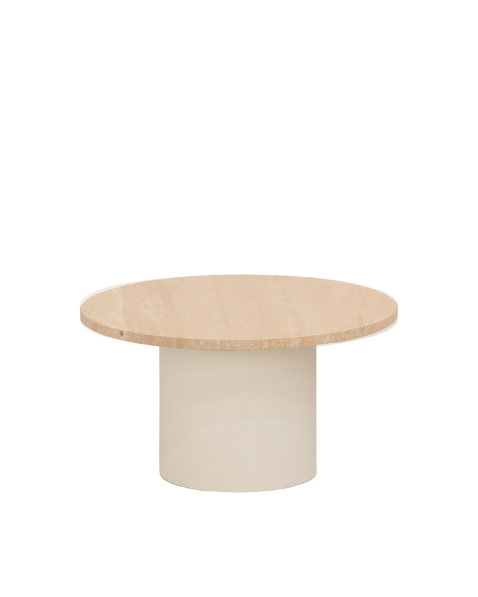 Deco wood Mesa de centro redonda de mármol travertino y patas de microcemento tono beige de 60x32cm