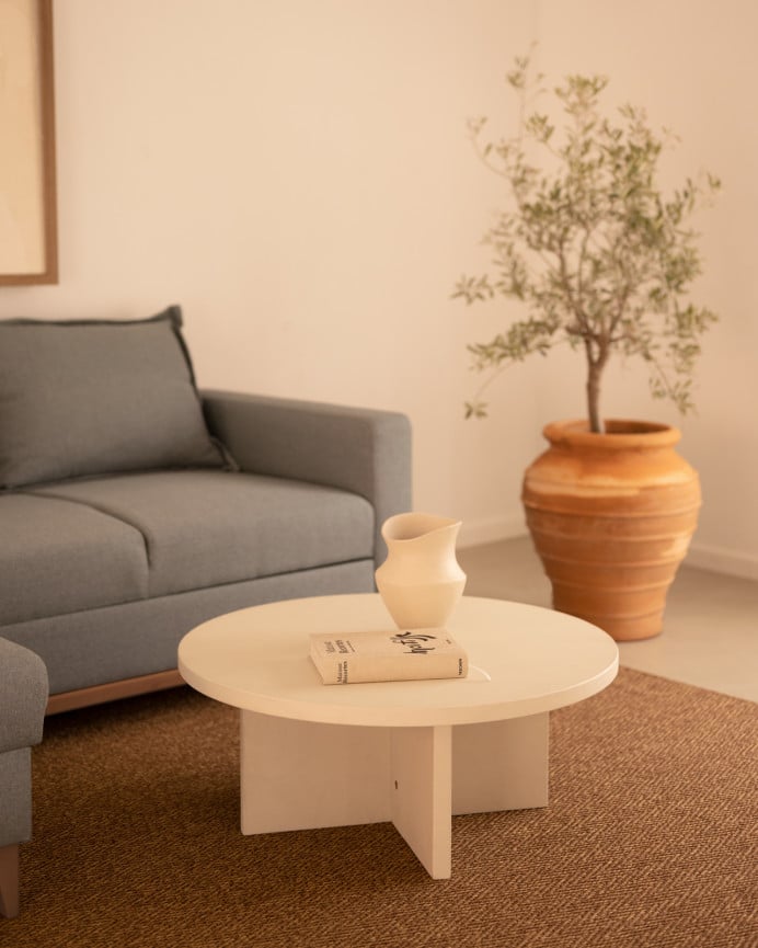 Deco Wood Mesa De Centro Redonda De Microcemento En Tono Blanco Roto De Ø60