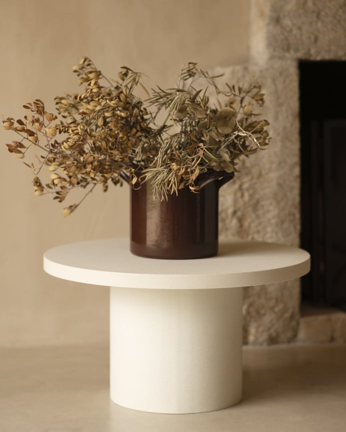 Deco Wood Mesa De Centro Redonda De Microcemento En Tono Blanco Roto De 60x33cm