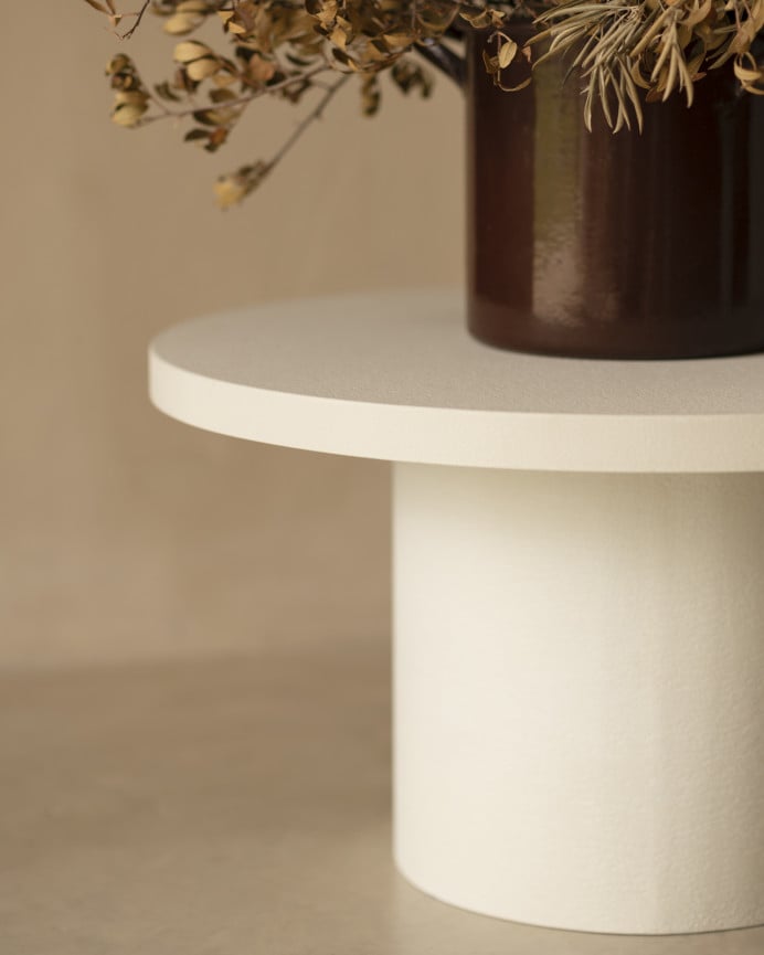 Deco Wood Mesa De Centro Redonda De Microcemento En Tono Blanco Roto De 60x33cm