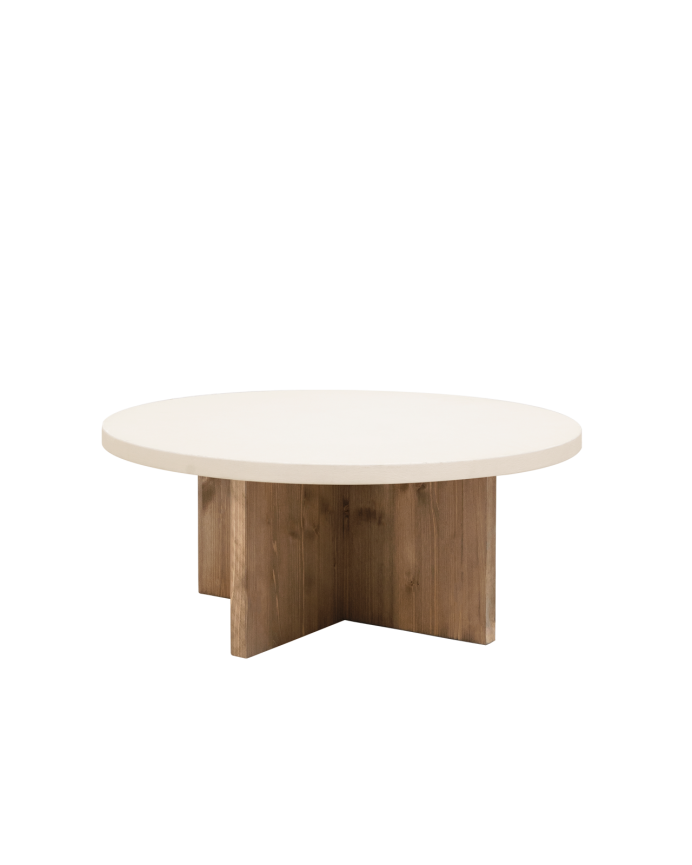 Deco wood Mesa de centro redonda de microcemento en tono blanco roto con patas de madera tono roble oscuro de Ø60