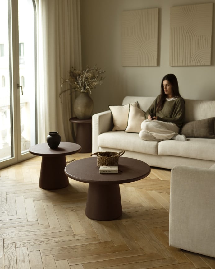 Deco Wood Mesa De Centro Redonda De Microcemento En Tono Marrón De 60x43cm