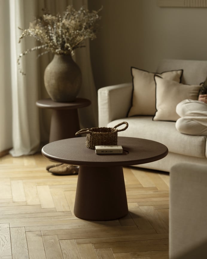 Deco Wood Mesa De Centro Redonda De Microcemento En Tono Marrón De 60x43cm