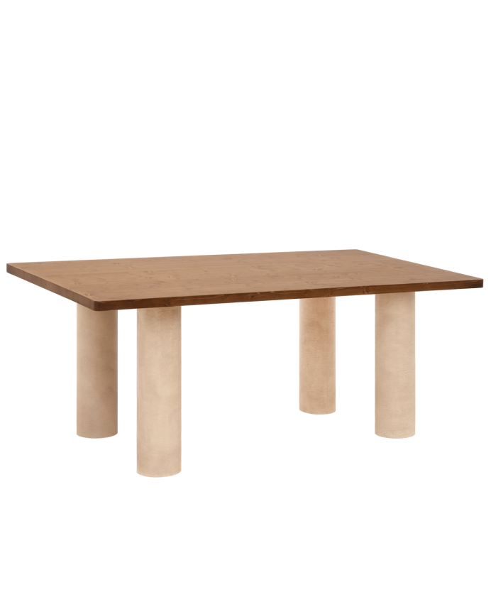 Deco wood Mesa de comedor de madera maciza en tono roble oscuro y patas de microcemento en tono tierra de 160cm