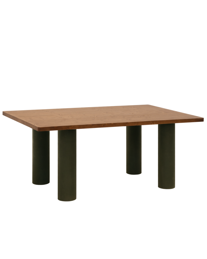 Deco wood Mesa de comedor de madera maciza en tono roble oscuro y patas de microcemento en tono verde de 160cm