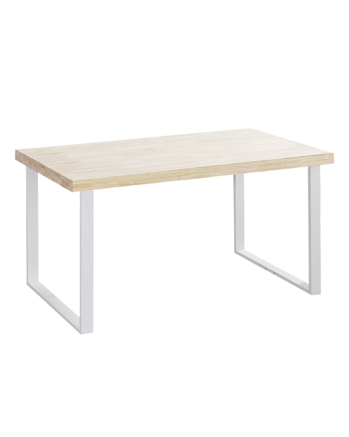 Deco wood Mesa de comedor de madera maciza tono natural con patas de hierro blancas de 140x80cm