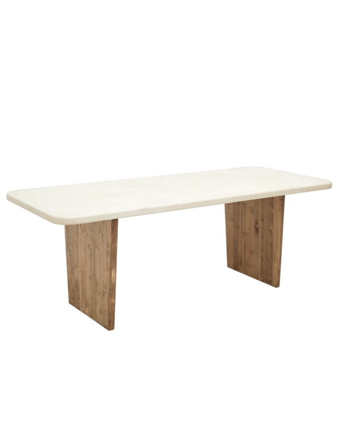 Deco wood Mesa de comedor de microcemento tono blanco roto con patas de madera tono roble oscuro de 160cm