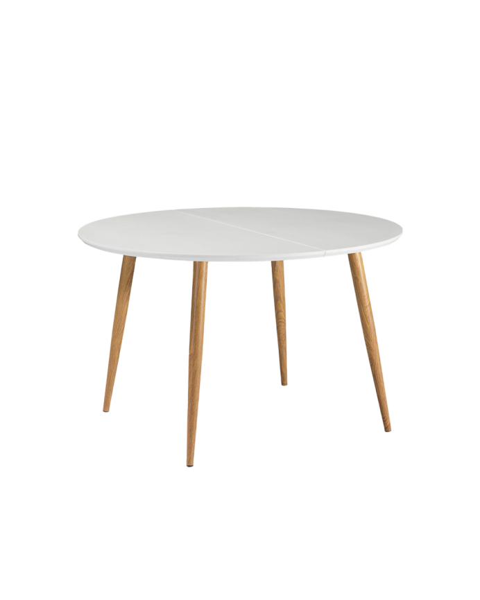 Deco Wood Mesa De Comedor Extensible De Madera Lacada Tono Blanco Y Patas De Metal De 120-160cm Ø