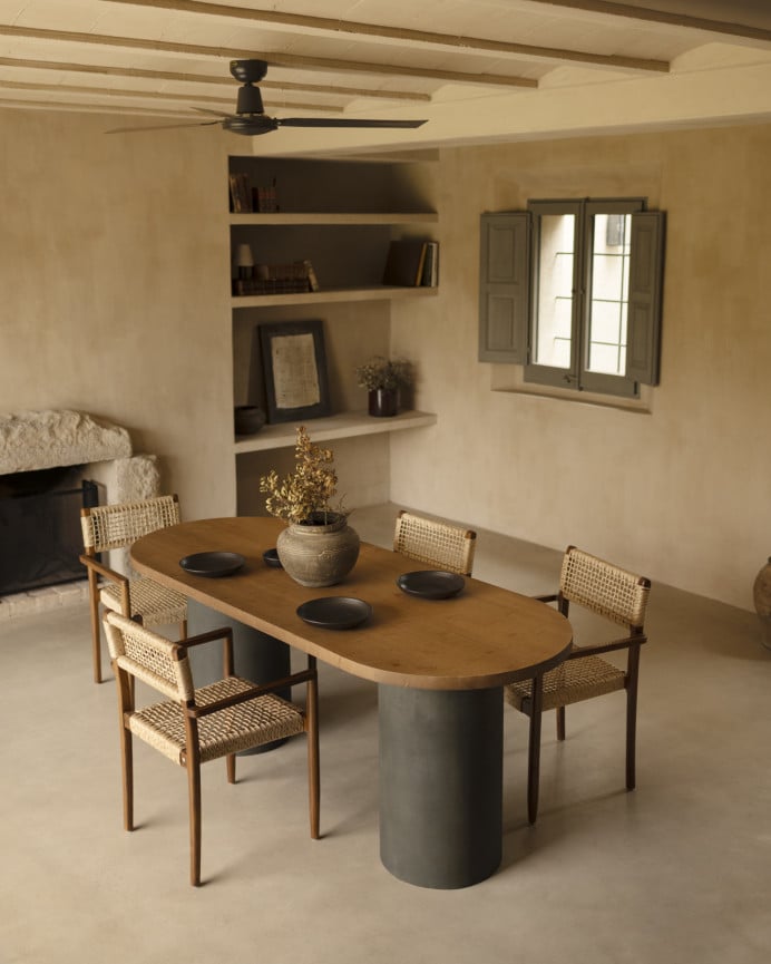 Deco Wood Mesa De Comedor Ovalada De Madera Maciza Tono Roble Oscuro Y Patas De Microcemento En Tono Verde De 160cm