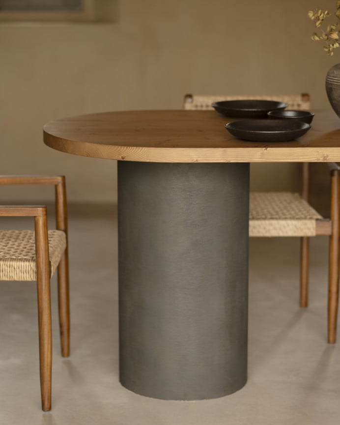 Deco Wood Mesa De Comedor Ovalada De Madera Maciza Tono Roble Oscuro Y Patas De Microcemento En Tono Verde De 160cm