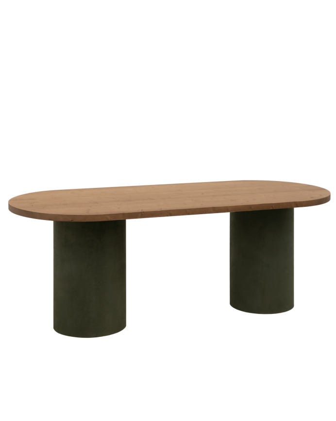 Deco wood Mesa de comedor ovalada de madera maciza tono roble oscuro y patas de microcemento en tono verde de 160cm
