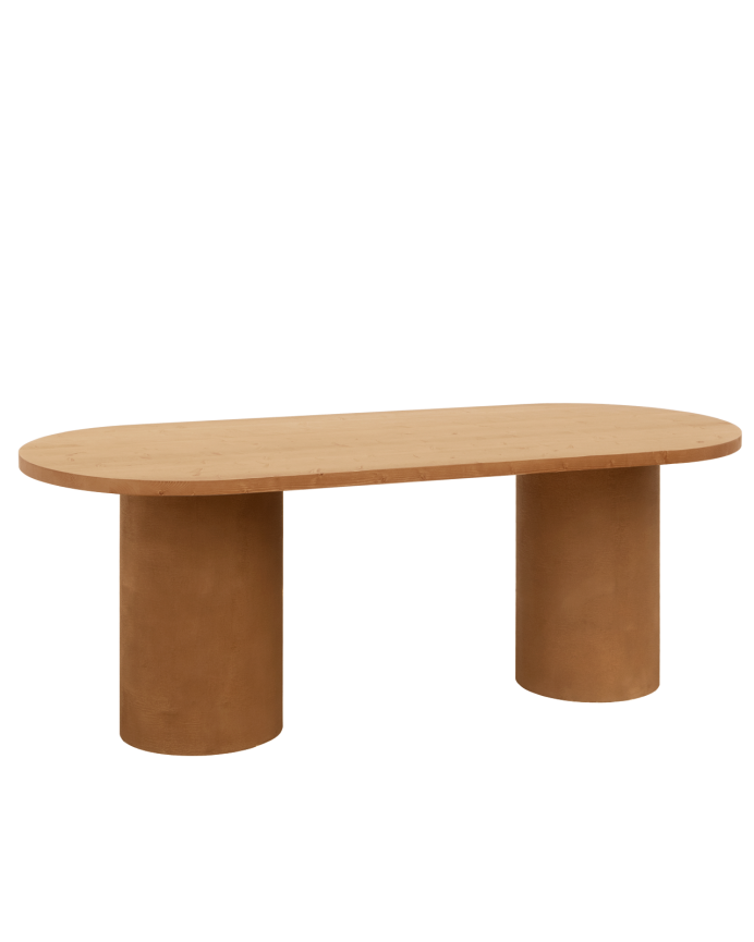 Deco Wood Mesa De Comedor Ovalada De Madera Maciza Tono Roble Medio Y Patas De Microcemento En Tono Terracota De 160cm