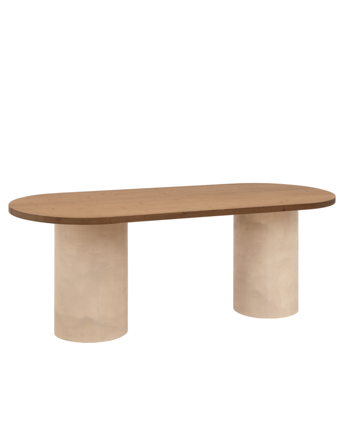 Deco Wood Mesa De Comedor Ovalada De Madera Maciza Tono Roble Oscuro Y Patas De Microcemento En Tono Tierra 160cm