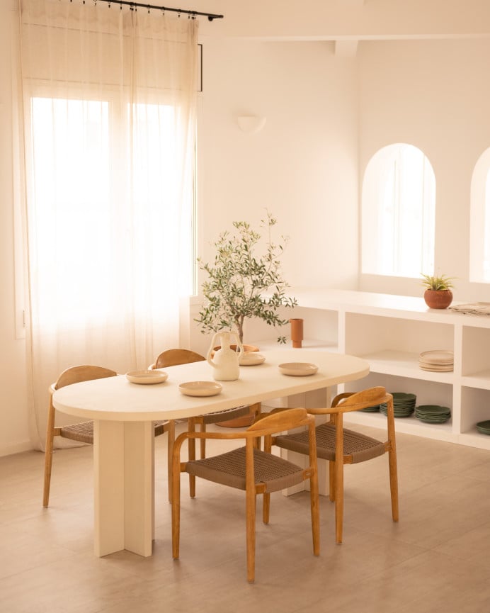 Deco Wood Mesa De Comedor Ovalada De Microcemento En Tono Blanco Roto 160cm