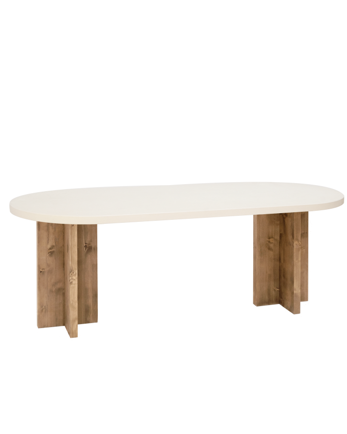 Deco wood Mesa de comedor ovalada de microcemento en tono blanco roto con patas de madera tono roble oscuro de 160cm