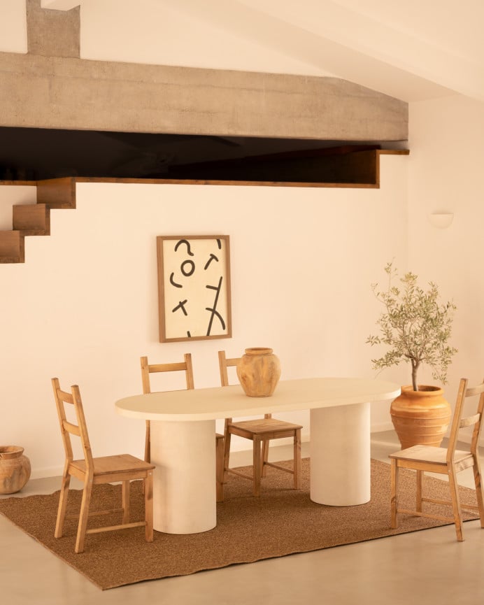 Deco Wood Mesa De Comedor Ovalada De Microcemento En Tono Blanco Roto 160cm