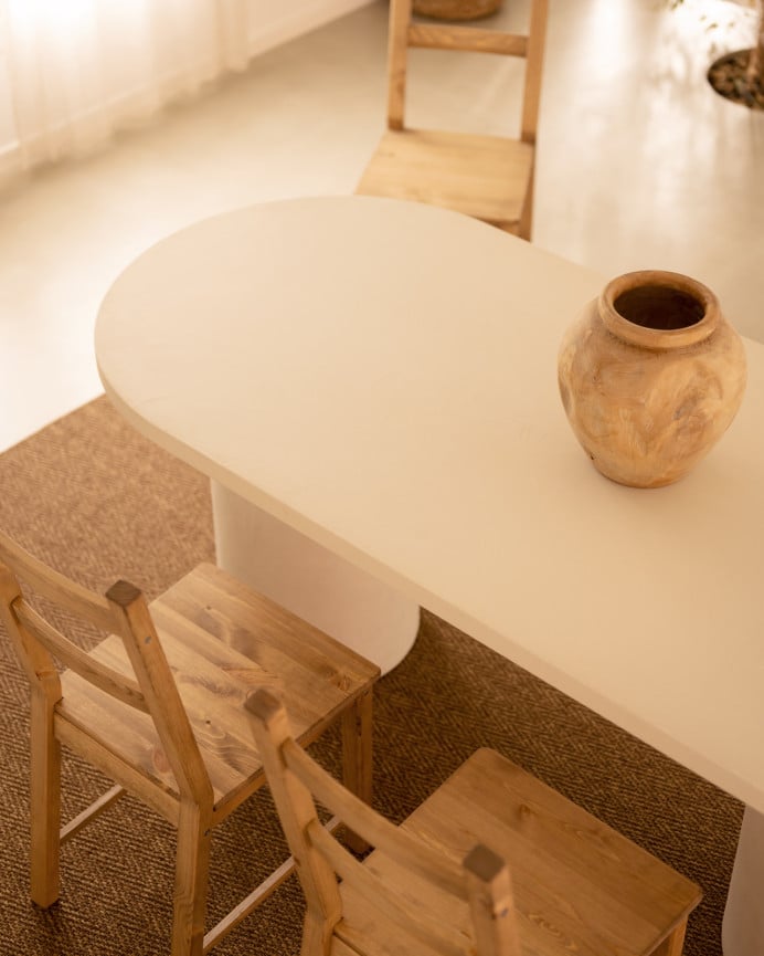 Deco Wood Mesa De Comedor Ovalada De Microcemento En Tono Blanco Roto 160cm