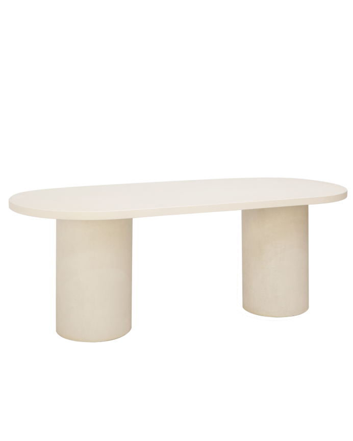 Deco wood Mesa de comedor ovalada de microcemento en tono blanco roto 160cm