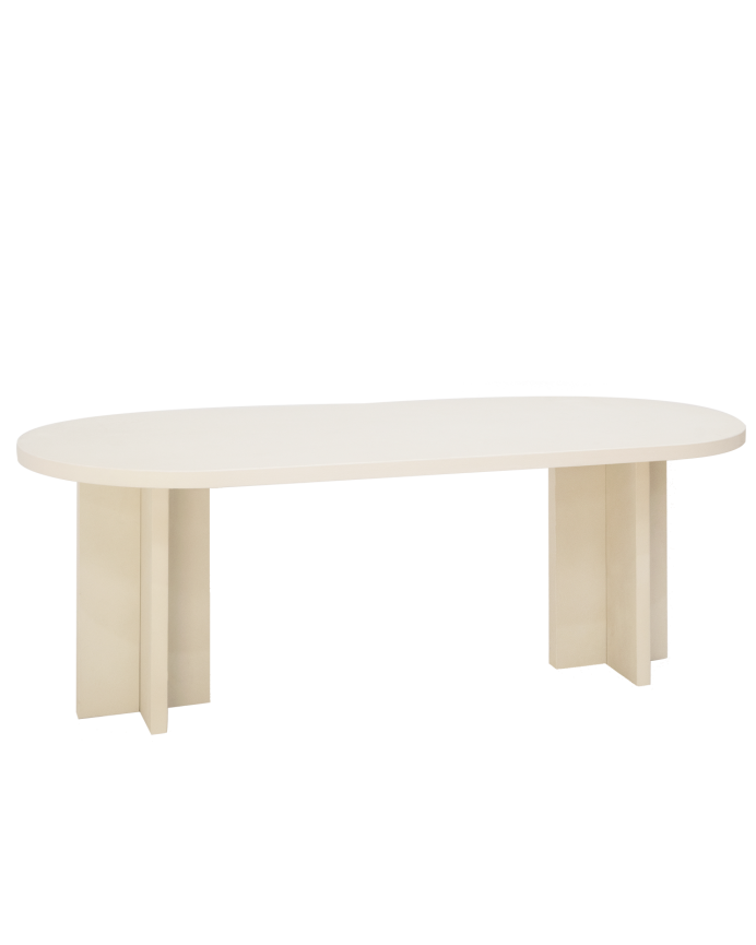 Deco wood Mesa de comedor ovalada de microcemento en tono blanco roto 160cm
