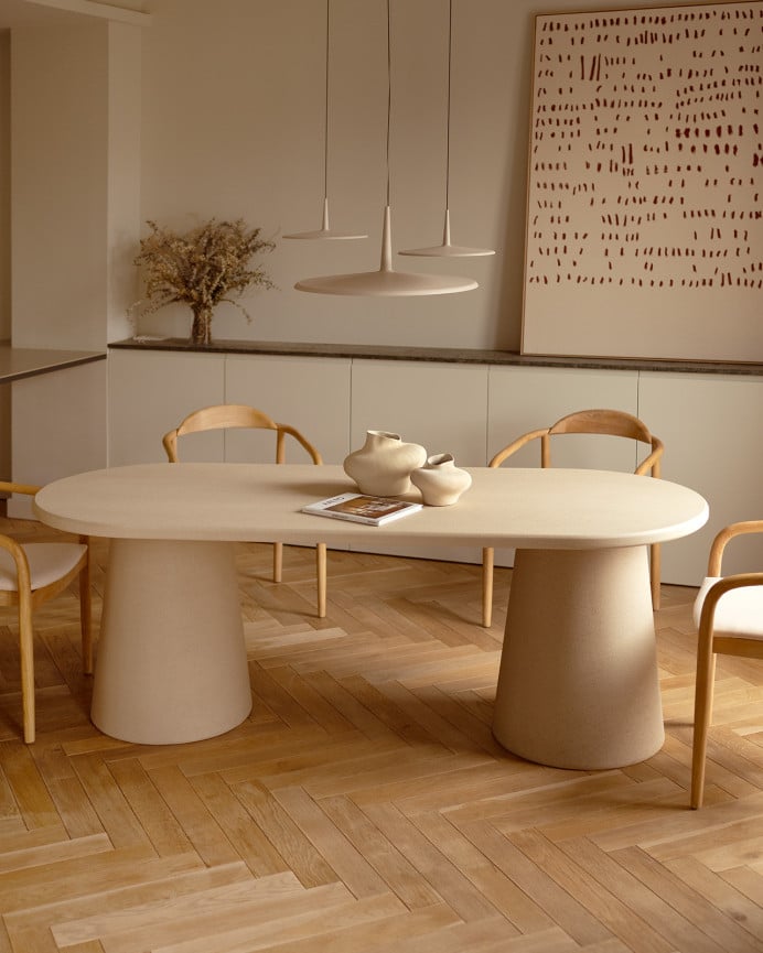 Deco Wood Mesa De Comedor Ovalada De Microcemento Tono Beige De 160x80cm