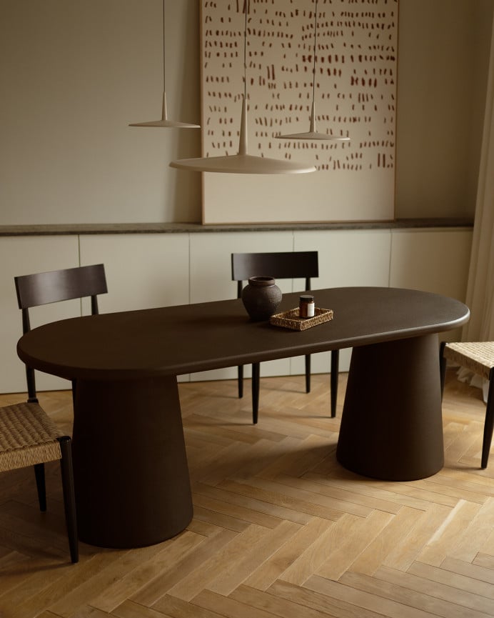 Deco Wood Mesa De Comedor Ovalada De Microcemento Tono Marrón De 160x80cm