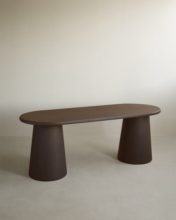 Deco wood Mesa de comedor ovalada de microcemento tono marrón de 160x80cm
