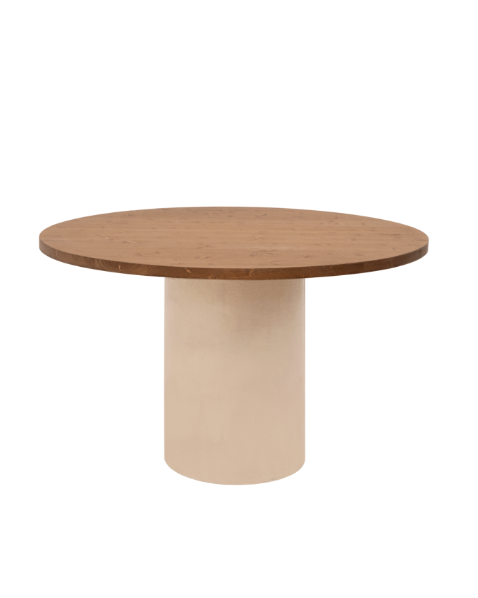 Deco wood Mesa de comedor redonda de madera maciza tono roble oscuro y patas de microcemento en tono tierra de 100cm
