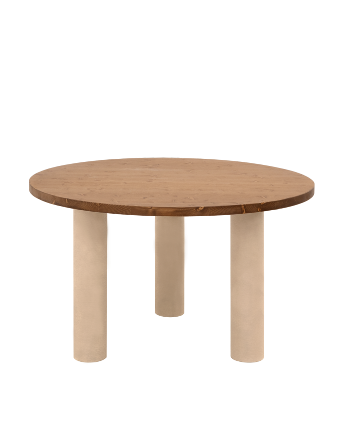 Deco wood Mesa de comedor redonda de madera maciza tono roble oscuro y patas de microcemento en tono tierra de 120cm