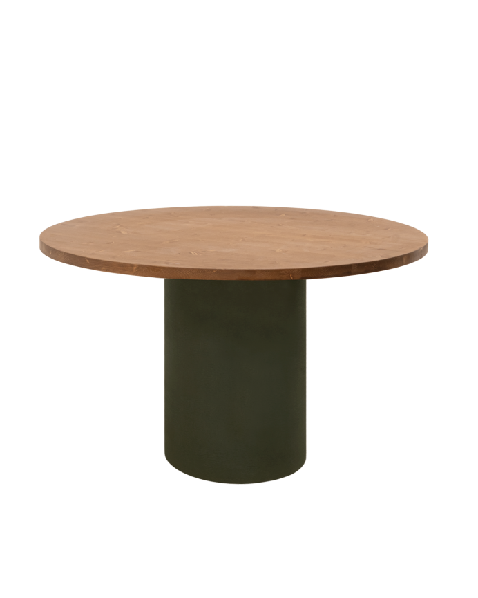 Deco wood Mesa de comedor redonda de madera maciza tono roble oscuro y patas de microcemento en tono verde de 100cm