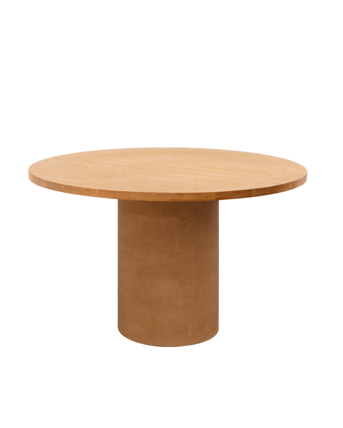 Deco wood Mesa de comedor redonda de madera maciza tono roble medio y patas de microcemento en tono terracota de 100cm