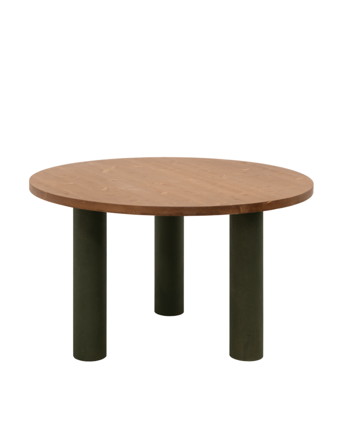 Deco wood Mesa de comedor redonda de madera maciza tono roble oscuro y patas de microcemento en tono verde de 120cm
