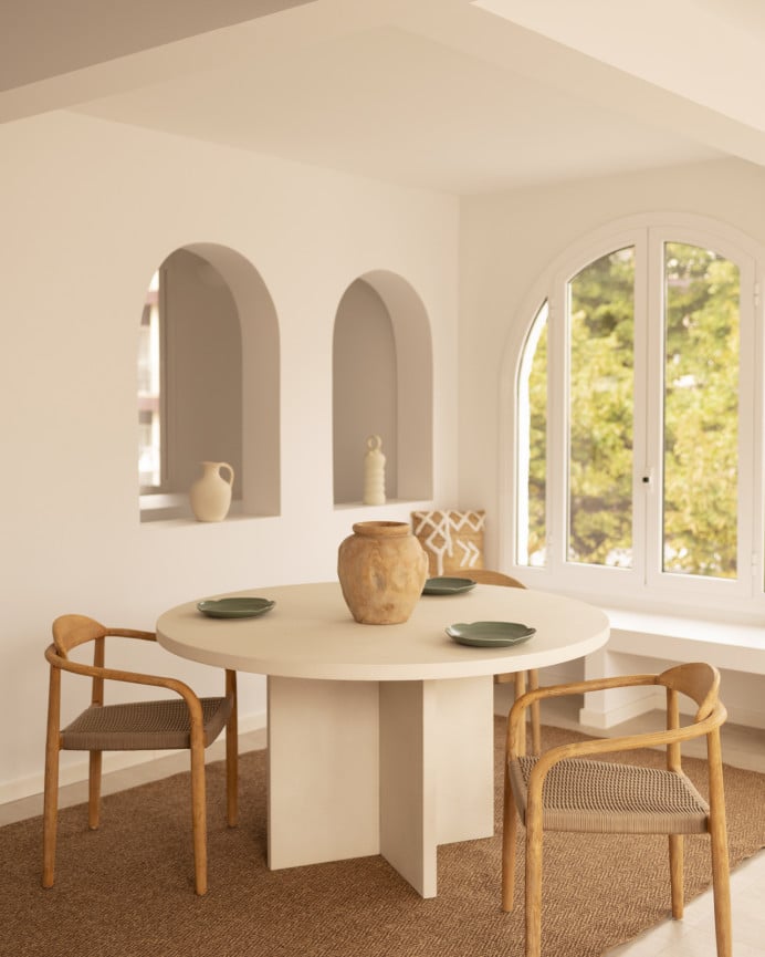 Deco Wood Mesa De Comedor Redonda De Microcemento En Tono Blanco Roto De Ø110