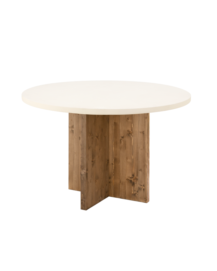 Deco wood Mesa de comedor redonda de microcemento en tono blanco roto con patas de madera tono roble oscuro de Ø110