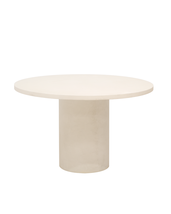 Deco wood Mesa de comedor redonda de microcemento en tono blanco roto 100cm