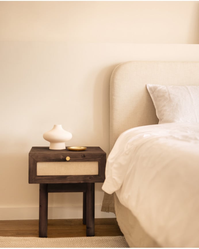 Deco Wood Mesita Con Cajón De Madera Maciza Y Tejido De Lino Tono Nogal De 45x40cm