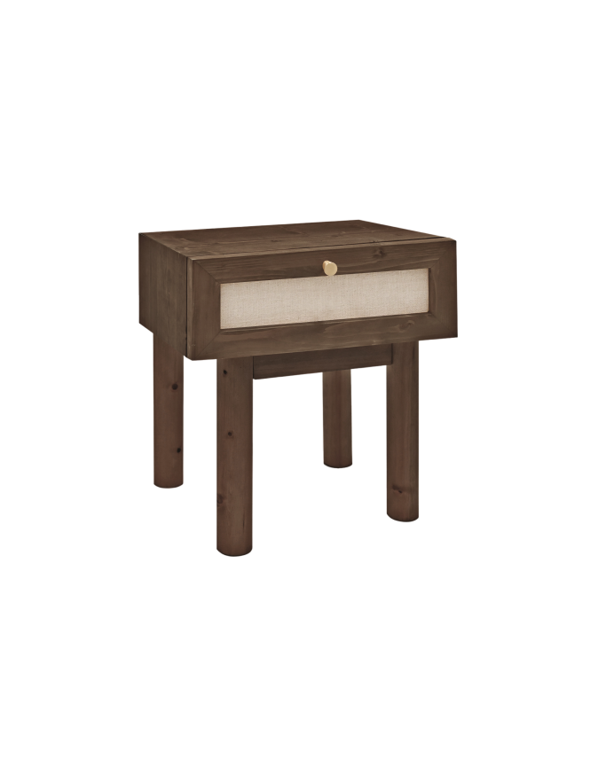 Deco wood Mesita con cajón de madera maciza y tejido de lino tono nogal de 45x40cm
