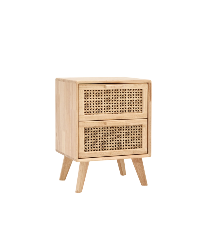 Deco wood Mesita de madera de caucho con dos cajones y frontal de rejilla cannage de 54x40cm