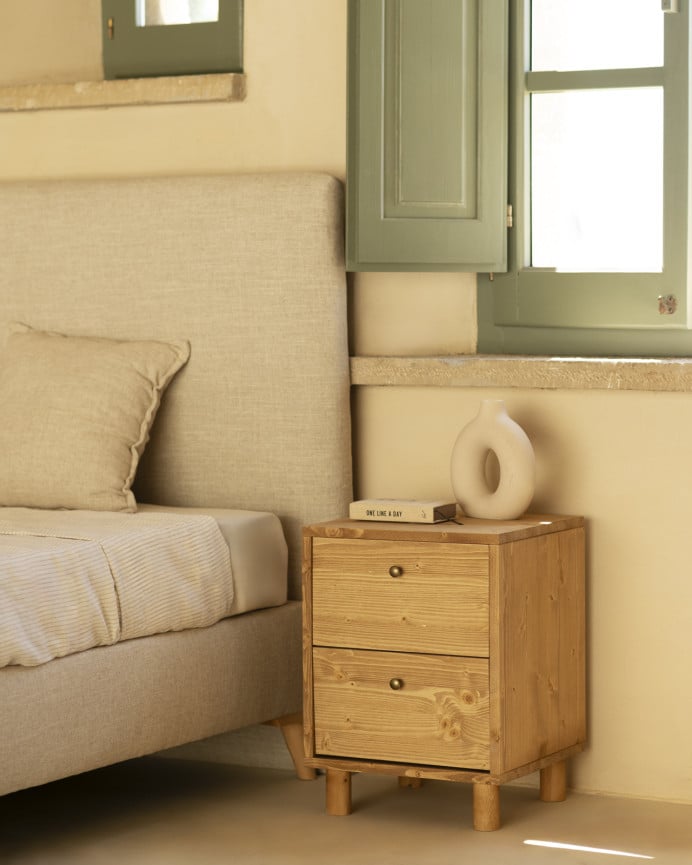 Deco Wood Mesita De Noche De Madera Maciza Con Dos Cajónes En Tono Roble Medio De 50 5x37 5cm