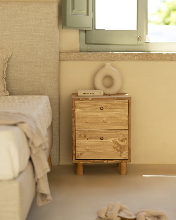 Deco Wood Mesita De Noche De Madera Maciza Con Dos Cajónes En Tono Roble Medio De 50 5x37 5cm