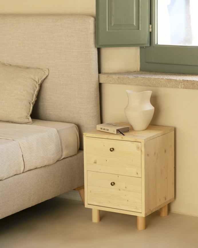 Deco Wood Mesita De Noche De Madera Maciza Con Dos Cajónes En Tono Natural De 50 5x37 5cm