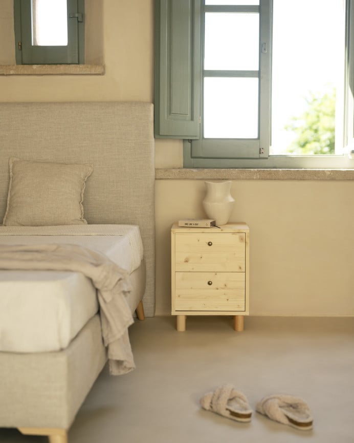 Deco Wood Mesita De Noche De Madera Maciza Con Dos Cajónes En Tono Natural De 50 5x37 5cm