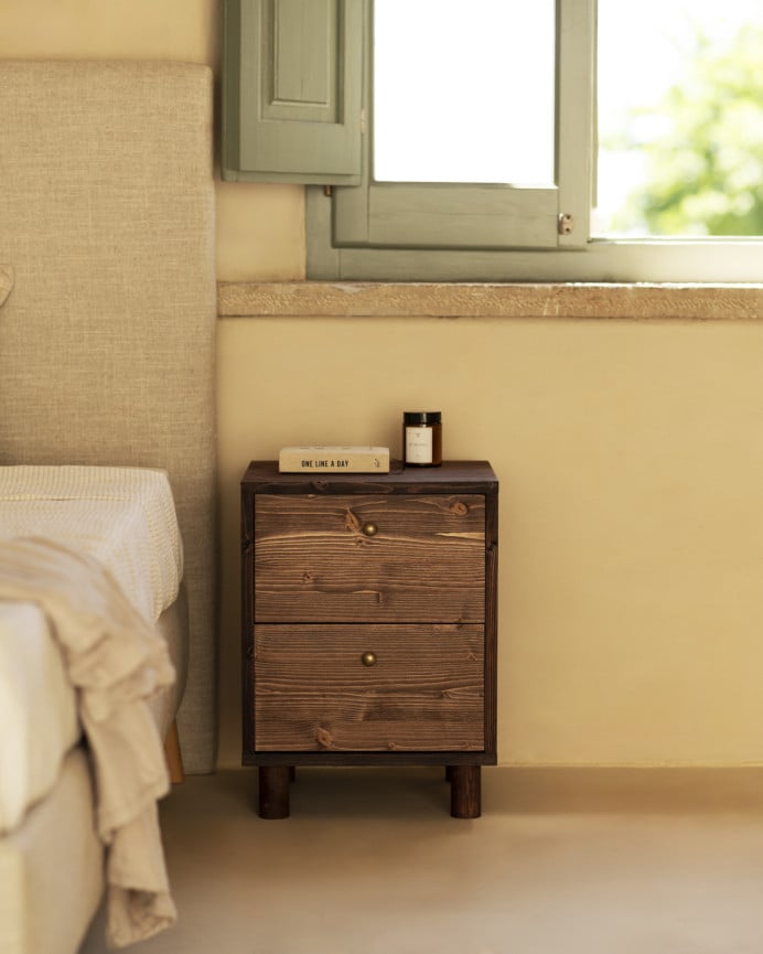 Deco Wood Mesita De Noche De Madera Maciza Con Dos Cajónes En Tono Nogal De 50 5x37 5cm